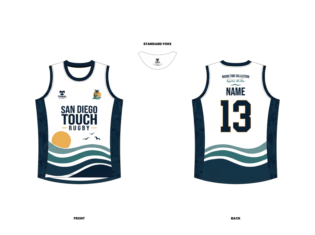 Rising Tide Collection sleeveless singlet — front with sun and waves, back with name and number 13