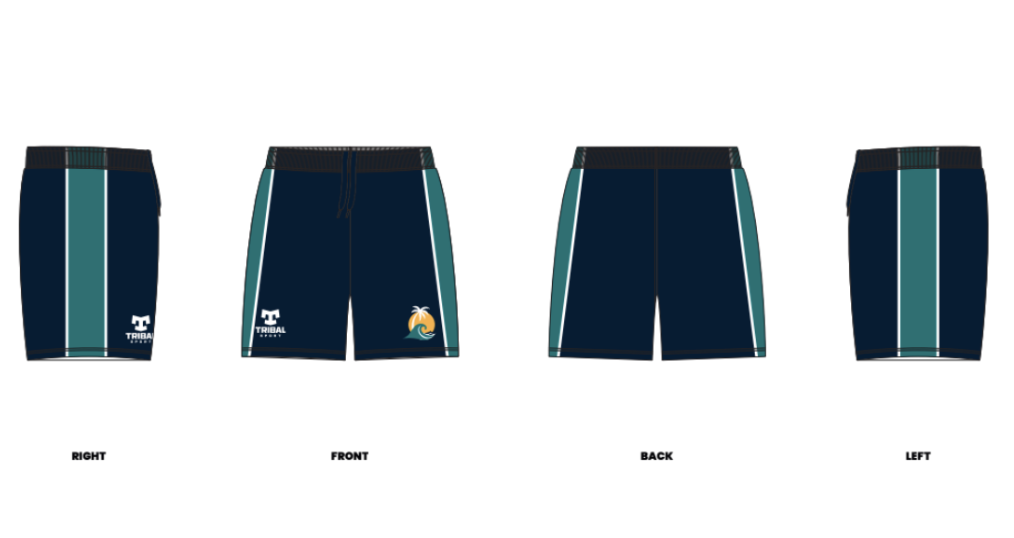 Navy match shorts with teal side stripe and Rising Tide logo